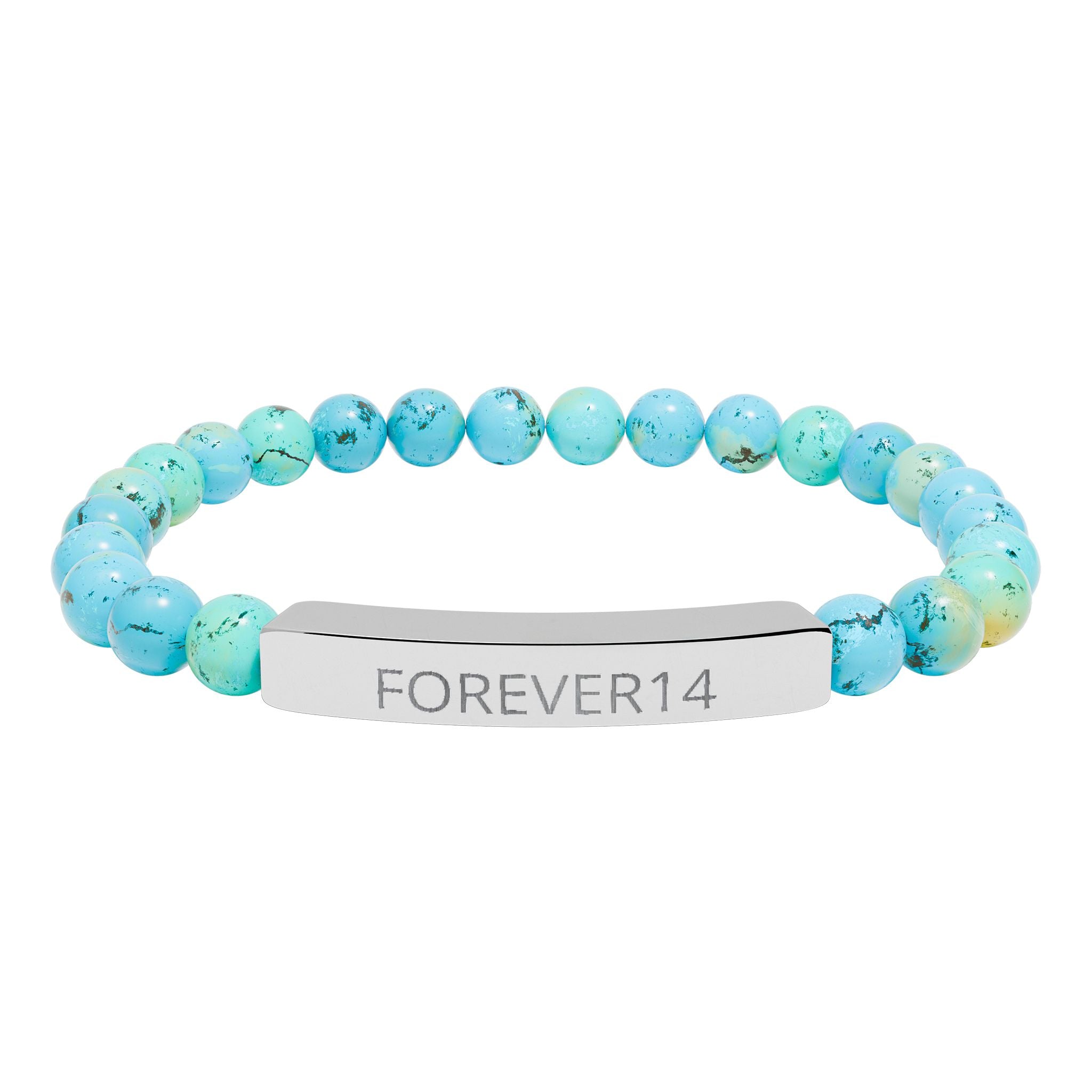 Engraved Natural Stone Bead Bracelet — "FOREVER14" Bar Stretch Bracelet