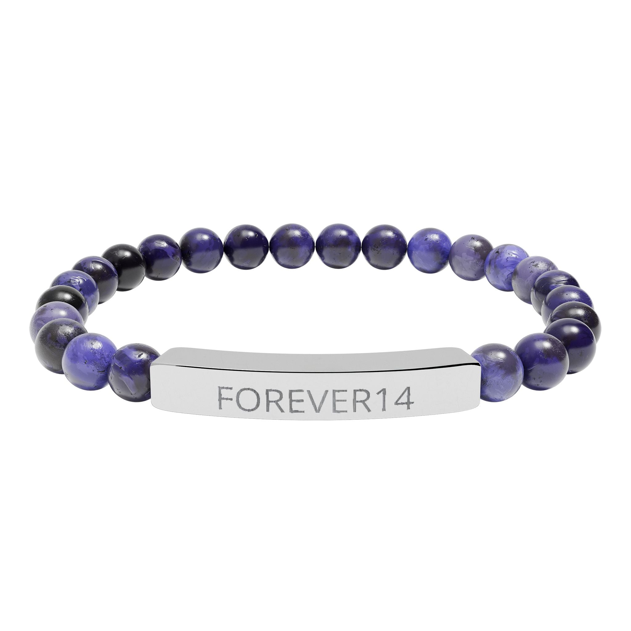 Engraved Natural Stone Bead Bracelet — "FOREVER14" Bar Stretch Bracelet