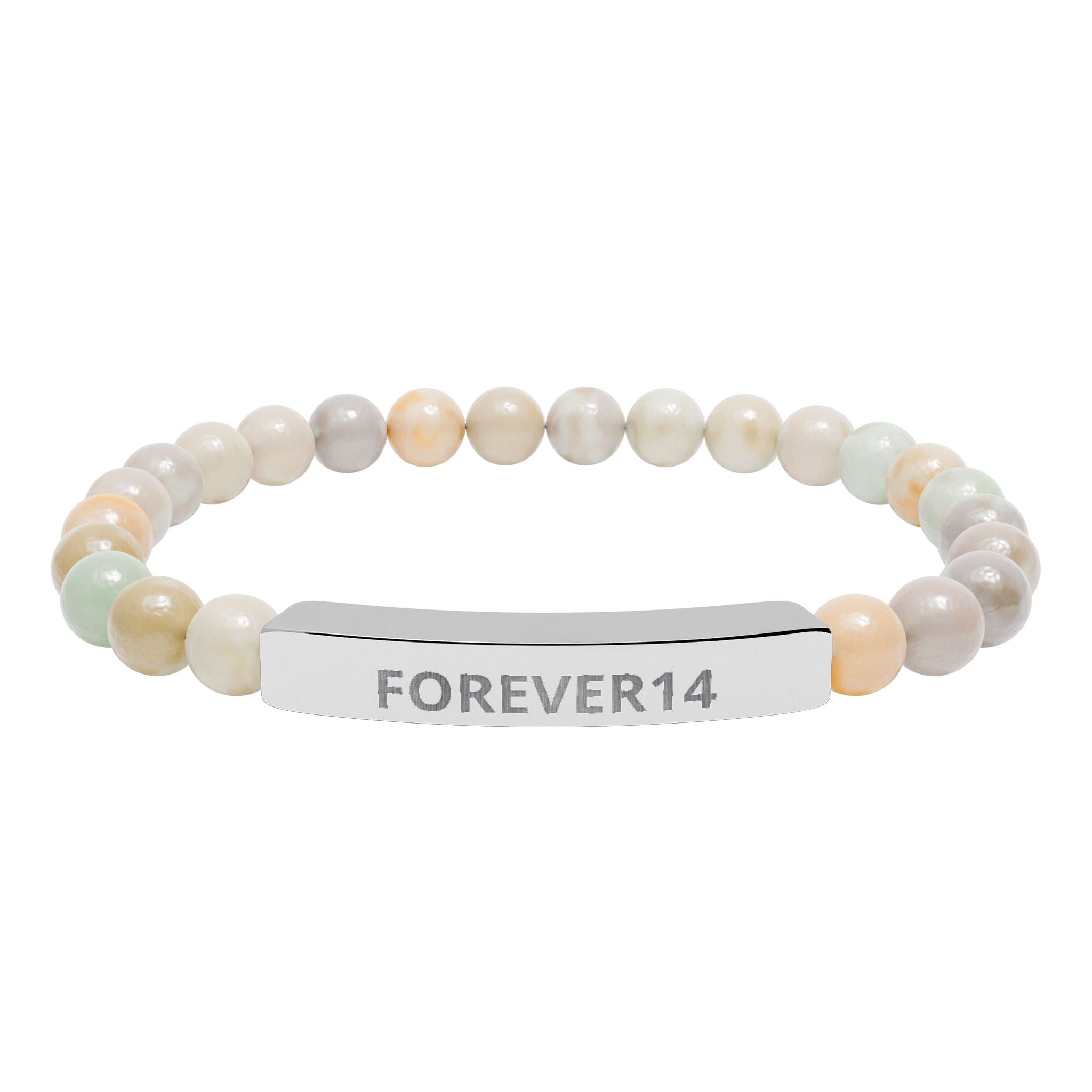 Engraved Natural Stone Bead Bracelet — "FOREVER14" Bar Stretch Bracelet