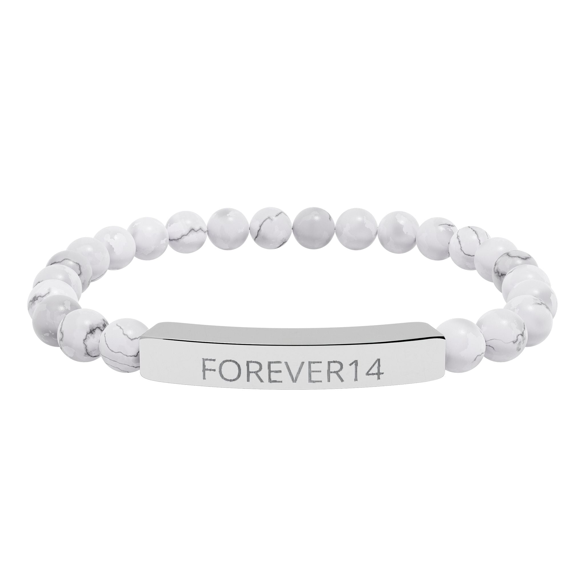 Engraved Natural Stone Bead Bracelet — "FOREVER14" Bar Stretch Bracelet
